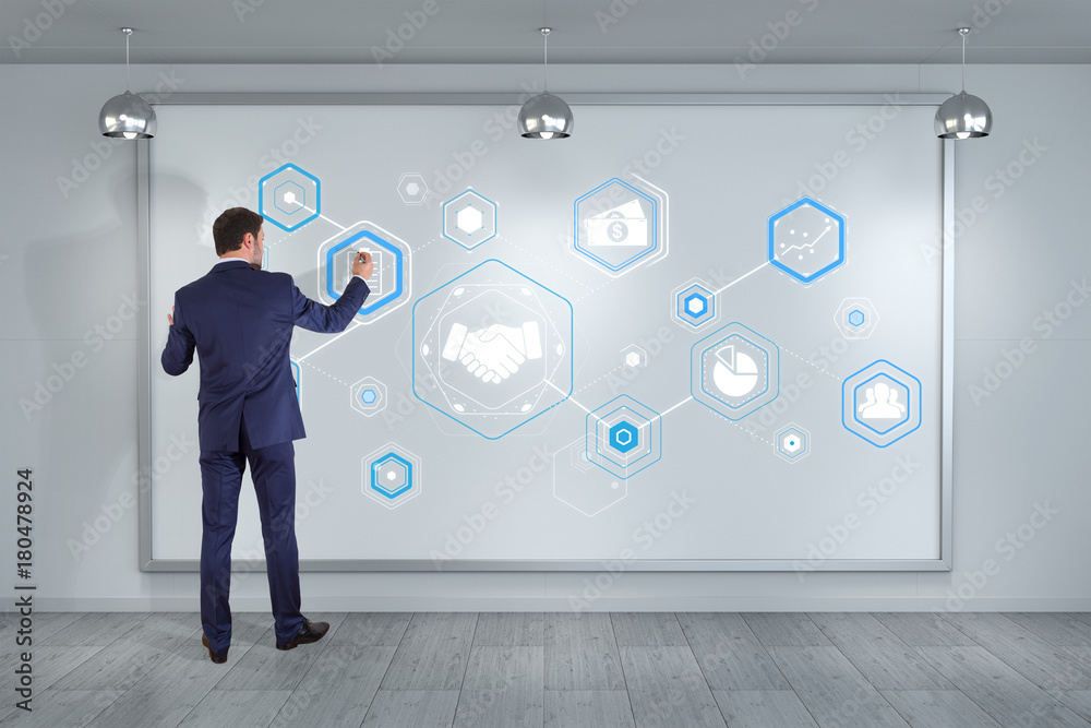 Poster Businessman using partnership interface on a board 3D rendering