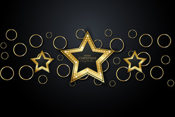 Black Christmas background with gold stars. Vector chic Christmas card.