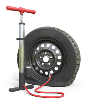 Air pump and puncture car wheel isolated on white background