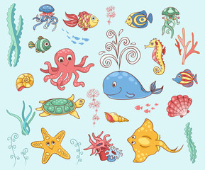 Set of underwater animals