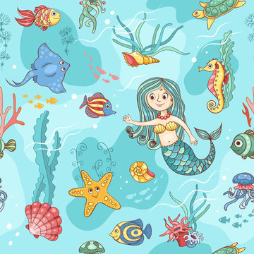 Blue seamless pattern with mermaid