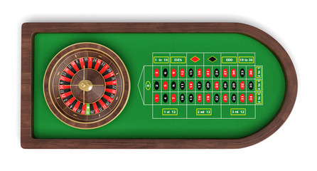 3d rendering of an isolated rounded roulette table covered with green felt and black and red grid.