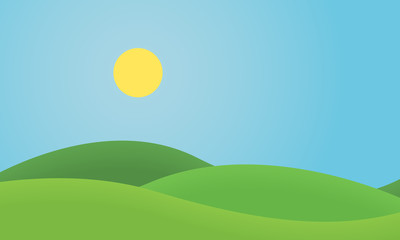 Fototapeta premium Flat design grass landscape with hills and glowing sun under blue sky
