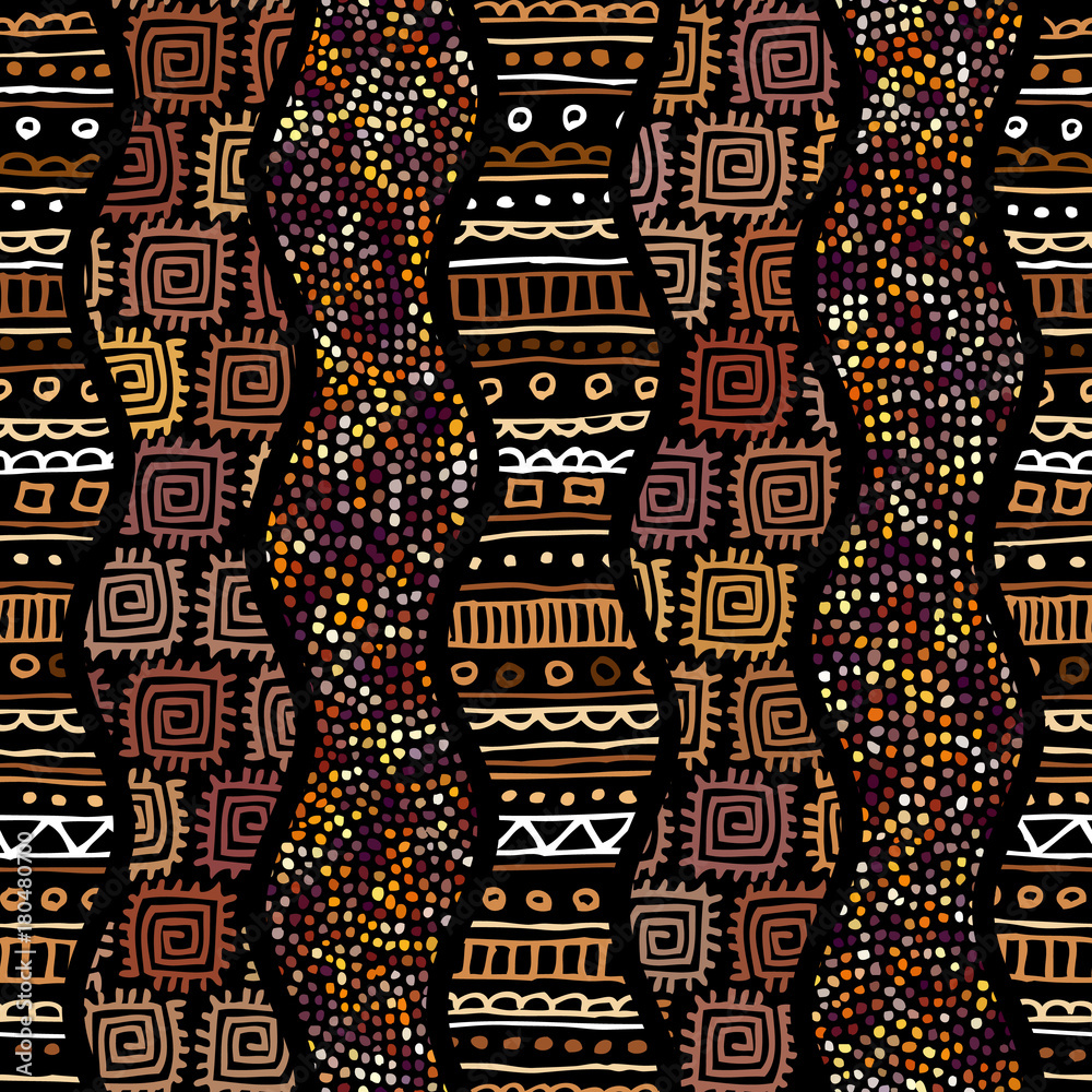 Poster ethnic boho seamless pattern in african style on black background. tribal art print. irregular polka