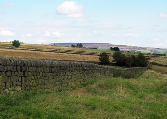 dry stone wall in Yorkshire dales landscape with fields and pennine hills on the horizon