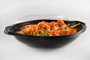 Plastic food container on white background.;