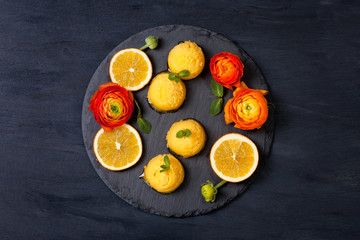 Bright ice cream scoops with fruits