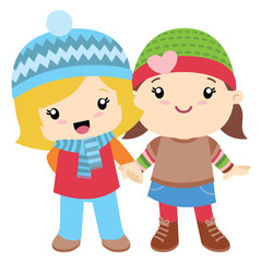 Two cute little girls holding hands flat illustration	