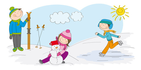 Children playing outside in the snow, boy skier, boy ice skating, girl making a snowman - original hand drawn illustration