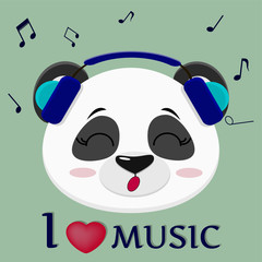 Panda is a musician, head in blue headphones, glasses and a bow tie in the style of cartoons.