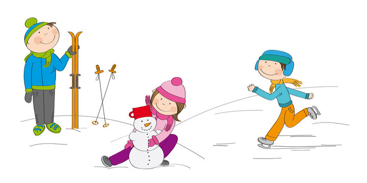 Children playing outside in the snow, boy skier, boy ice skating, girl making a snowman - original hand drawn illustration