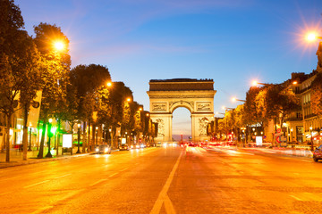 Arc de Triomphe and Champ Elysees at night, Paris, France