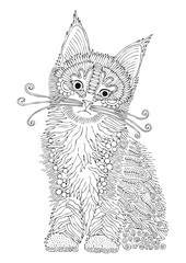 Hand drawn cat. Sketch for anti-stress adult coloring book in zen-tangle style. Vector illustration  for coloring page.