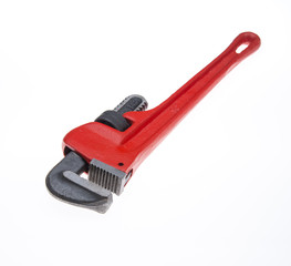 Large Pipe Wrench with Red Handle on White