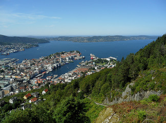 Aerial View of Bergen and the Atlantic Ocean as seen from Mount Floyen, Bergen, Norway 