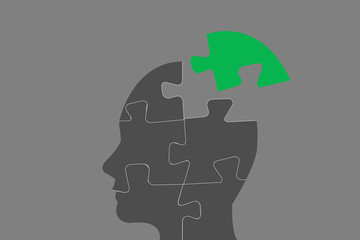 Environment concept vector containing head of silhouette of a manager composed of puzzle pieces. The remaining green piece is ready to fit in between others. All on the dark background. 