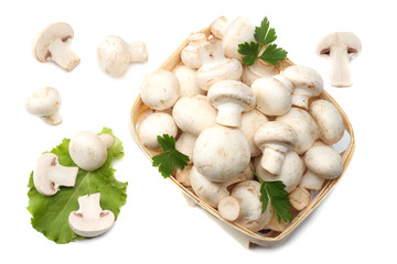 mushrooms with parsley isolated on white background. top view