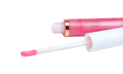 makeup cosmetics. fuchsia color lip gloss with glitter particles in glass bottle, closed and open container with brush and stroke sample, isolated on white background, clipping path included