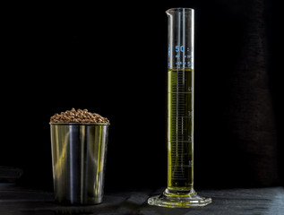 Hemp seeds and hempseed oil in a measuring glass beaker on a black background.