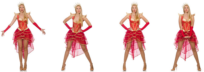 Woman in red dress isolated on white