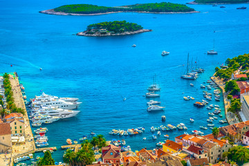 Hvar seascape Croatia islands. / Aerial view at famous town Hvar, worldwide known tourist summer...