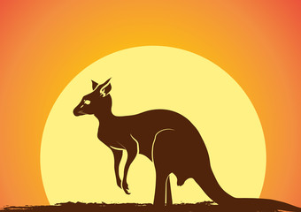 Australian Kangaroo Silhouette in Front of Sun Vector