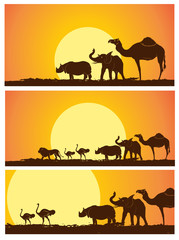 Fototapeta na wymiar Wild Animals Silhouettes in Sunset Vector