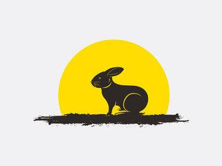 Wild Bunny Silhouette in Front of Sun Vector