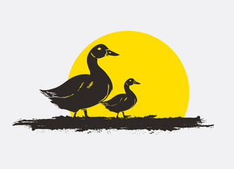 Duck Birds Silhouettes in Sunset Vector