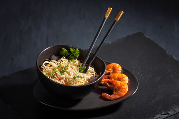 Freshly cooked instant noodles. Asian cuisine