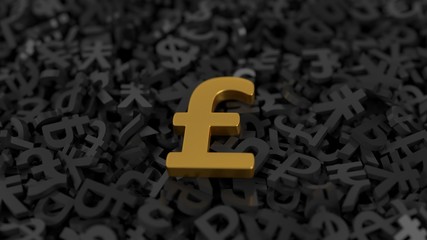 golden pound sign on stack of currency signs. 3d illustration