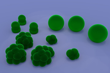 3D-Rendering von grünlichen, leicht durchsichtigen Kugeln unterschiedlicher Größe, teils verschmolzen, auf einer hellen Oberfläche stehend