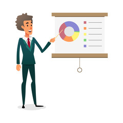 Funny cartoon manager presenting whiteboard about financial growth. Young businessman making presentation and showing diagrama on whiteboard