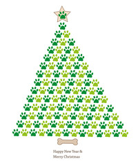 Fototapeta na wymiar Christmas tree made of paw prints. Happy new year and merry christmas greeting card