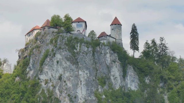 Bled castle Hyperlapse. 4K High Definition Iconic Slovenia Landmark. Bled lake its castle and iconic island with church is a Slovenia Alps turistic place with terme and hotel. Bled 1 May 2017.