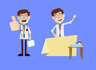 Comic Young Doctor Showing Thumbs Up with Ad Banner Vector
