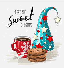 Winter holiday theme, red cup of coffee with stack of cookies, candy cane and abstract christmas tree, illustration