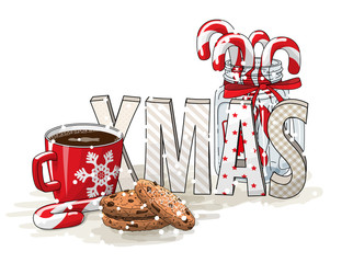 Holidays motive, letters XMAS, glass jar with candy canes, red cup of coffee and chocolate cookies, illustration