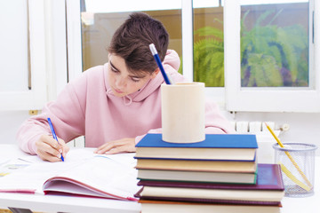 adolescent student on the desk studying and writing