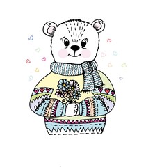 Doodle bear in sweater and scarf holding a bouquet of daisies.