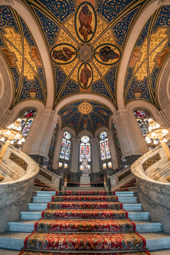 THE HAGUE, 21 July 2017, Up view of the Peace Palace main hall staircase, seat of the international court of justice, principal juridical of united nations
