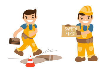 Set of illustrations - accident at work (injures). Falling in the open manhole. Smiled worker, cartoon character with Safety First sign board