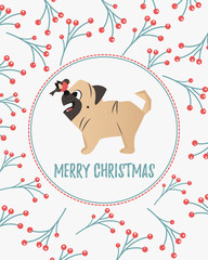 Naklejka premium Holiday card with twigs and berries ornament and funny pug