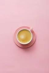 Fotobehang coffee in pink pastel table top view © Maksim Shebeko