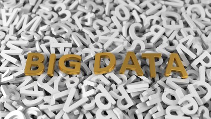 golden 'big data' text on stack of white letters. 3d illustration
