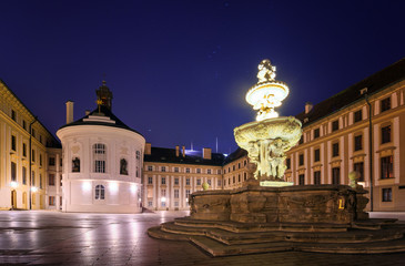 Fototapeta premium Night Hradcany view. Beautiful square near Saint Vitus Cathedral. Prague, Czech republic.