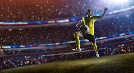 soccer player in action, stadium defocus