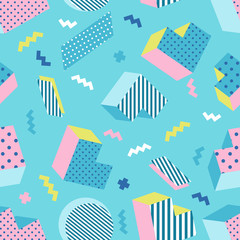 Seamless colorful old school geometric blue background pattern, memphis design style. Vector illustration