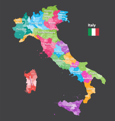 Italy provinces vector map colored by regions. All layers detachable and labeled