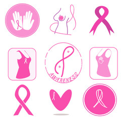 Breast cancer awareness symbols collection. Pink ribbons as support signs. Breast exam encouraging.